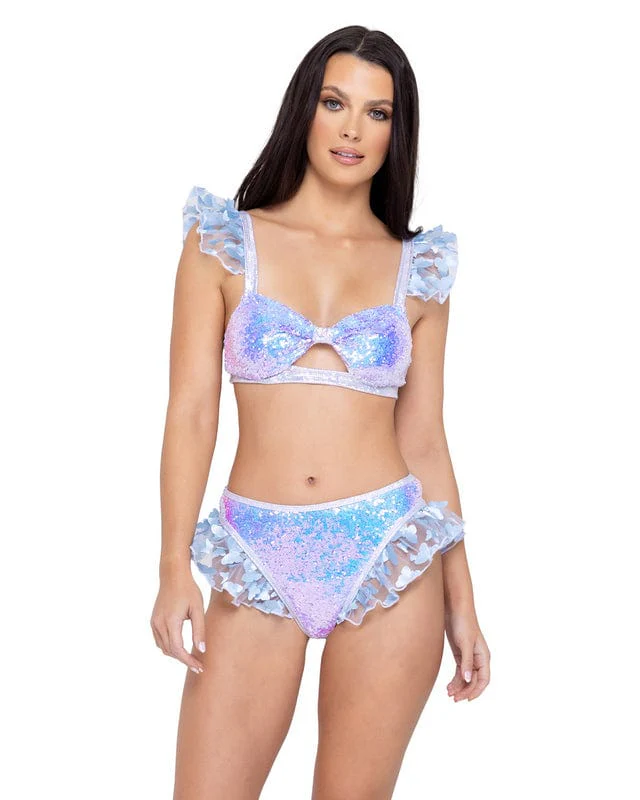 Blue Sequin Butterfly Ruffle Trim Keyhole Triangle Tie Top Festival Ravewear