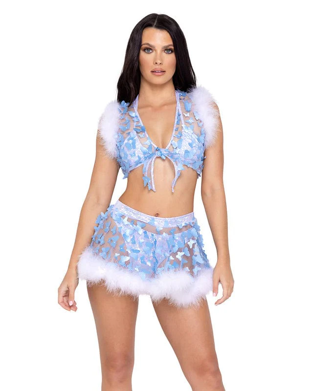 Blue Sheer Butterfly Marabou Trim Skirt Festival Ravewear