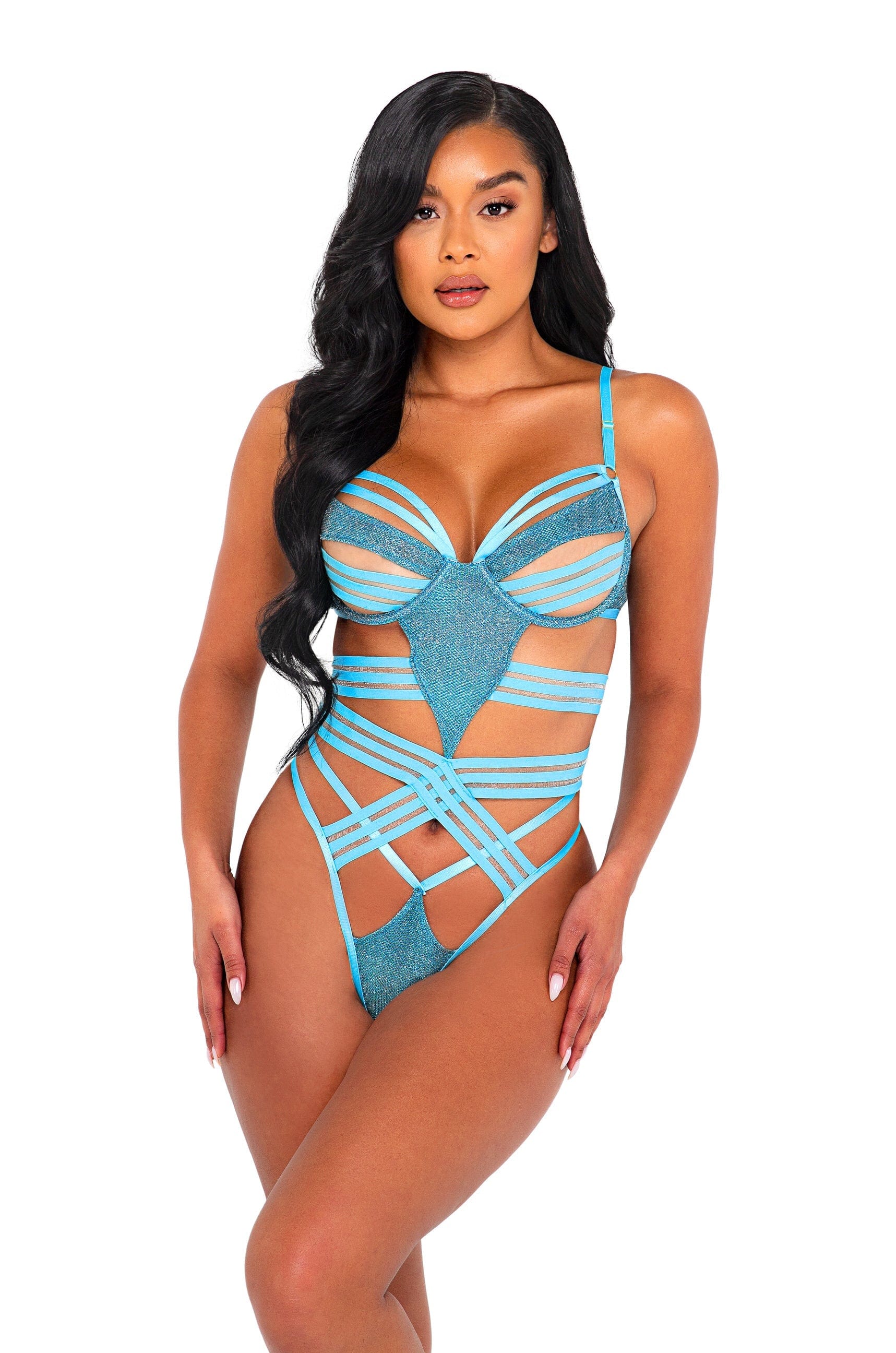 Pink Shimmer Underwire Bondage Teddy Lingerie (Blue also Available) - Image 2