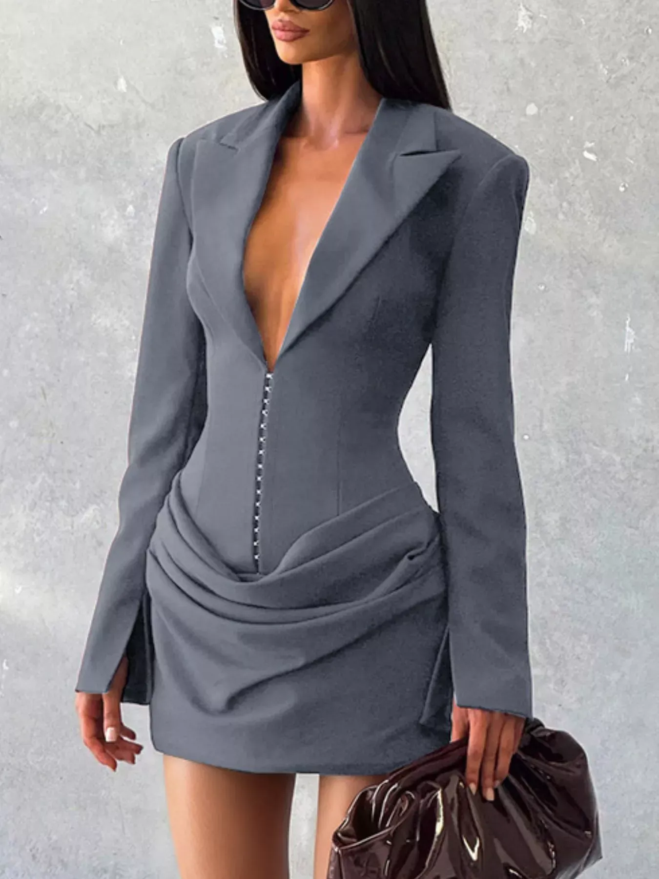 Brown Blazer-Style Long Sleeve Mini Dress (Also Plus Size) - Image 11