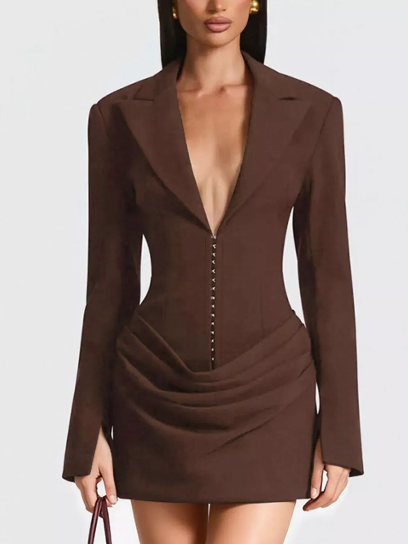 Brown Blazer-Style Long Sleeve Mini Dress (Also Plus Size) - Image 2