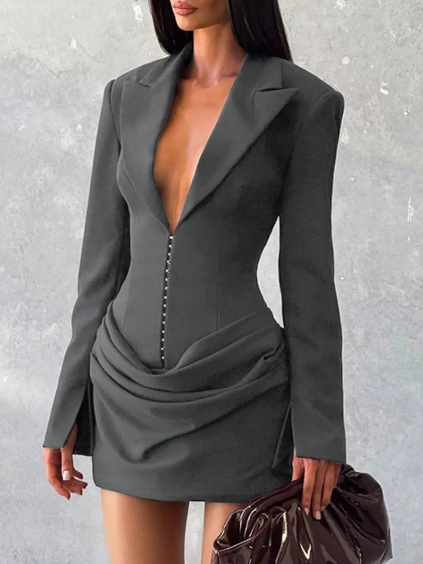 Brown Blazer-Style Long Sleeve Mini Dress (Also Plus Size) - Image 4