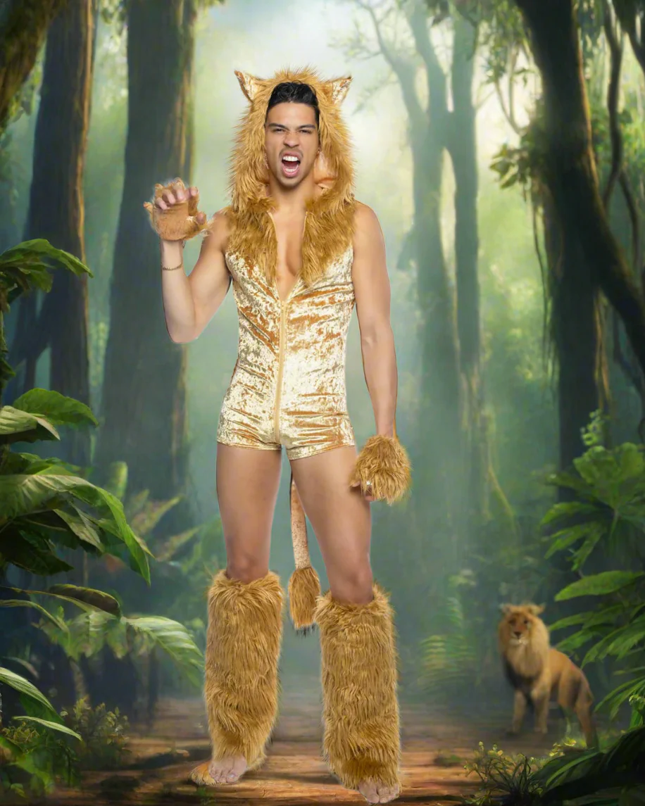 Brown Lion King Velvet & Fur Zip-Up Hooded Bodysuit w/ Tail & Gloves Halloween Cosplay Costume