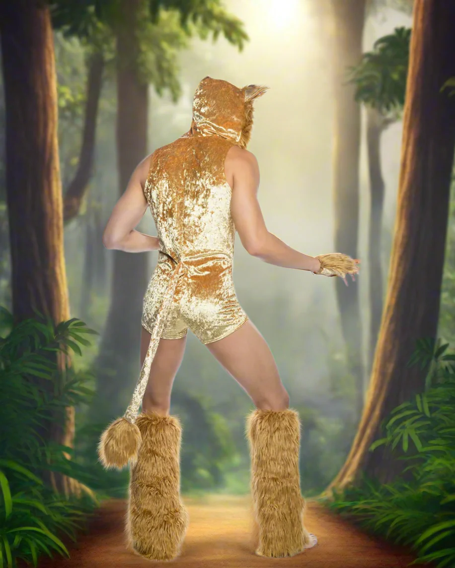 Brown Lion King Velvet & Fur Zip-Up Hooded Bodysuit w/ Tail & Gloves Halloween Cosplay Costume - Image 2
