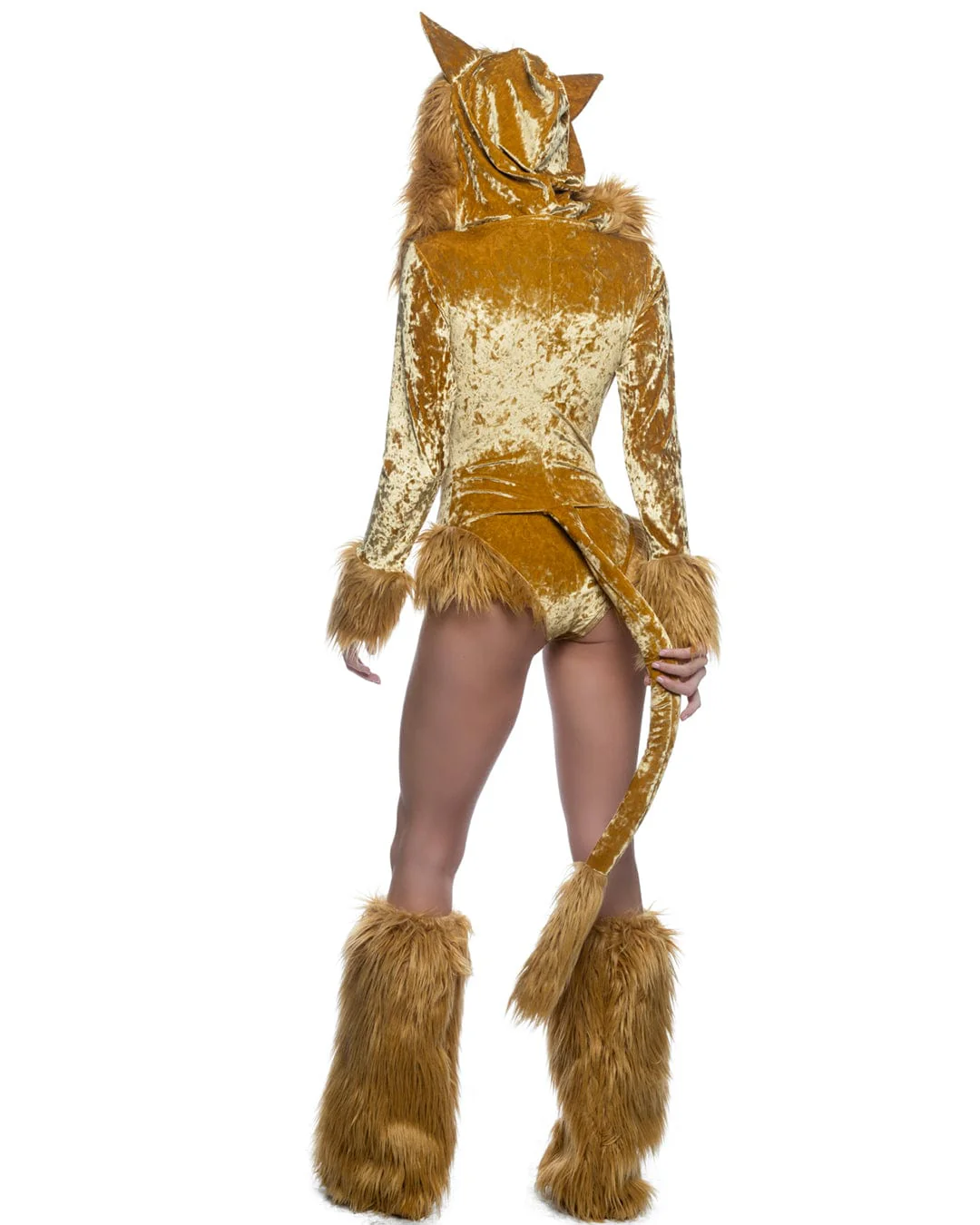 Brown Lusty Lioness Velvet & Faux Fur Hooded Bodysuit w/ Tail Animal Halloween Cosplay Costume - Image 2