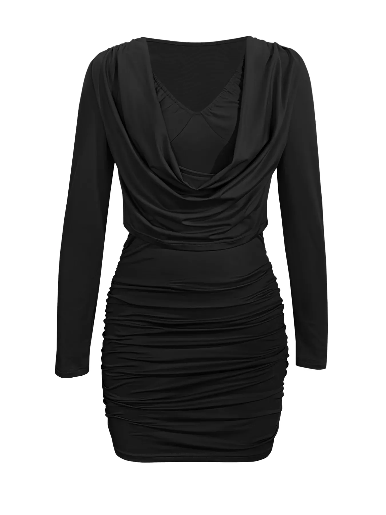 Burgundy Red Draped V-Neck Long Sleeve Bodycon Mini Dress - Image 13