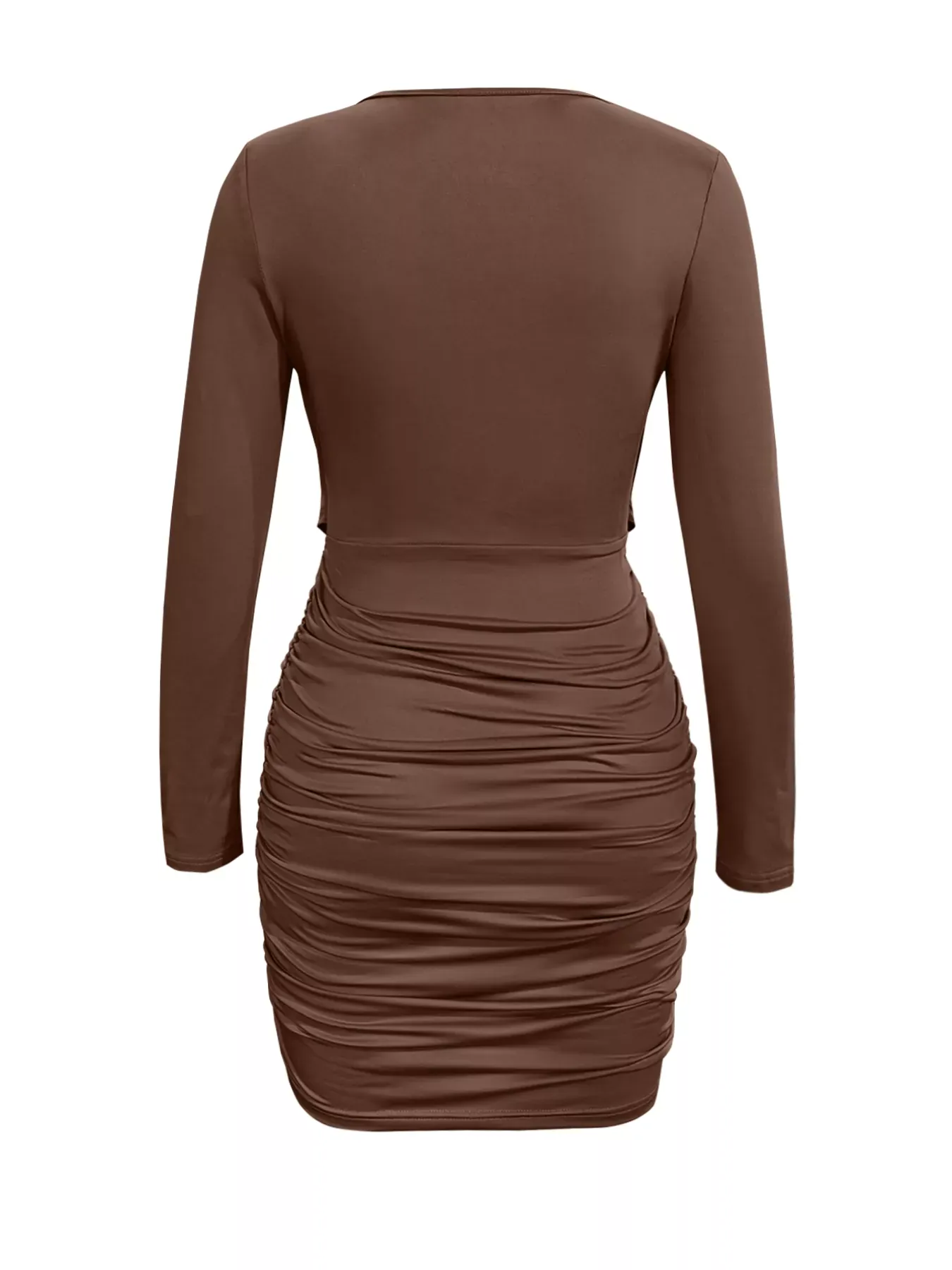 Burgundy Red Draped V-Neck Long Sleeve Bodycon Mini Dress - Image 8