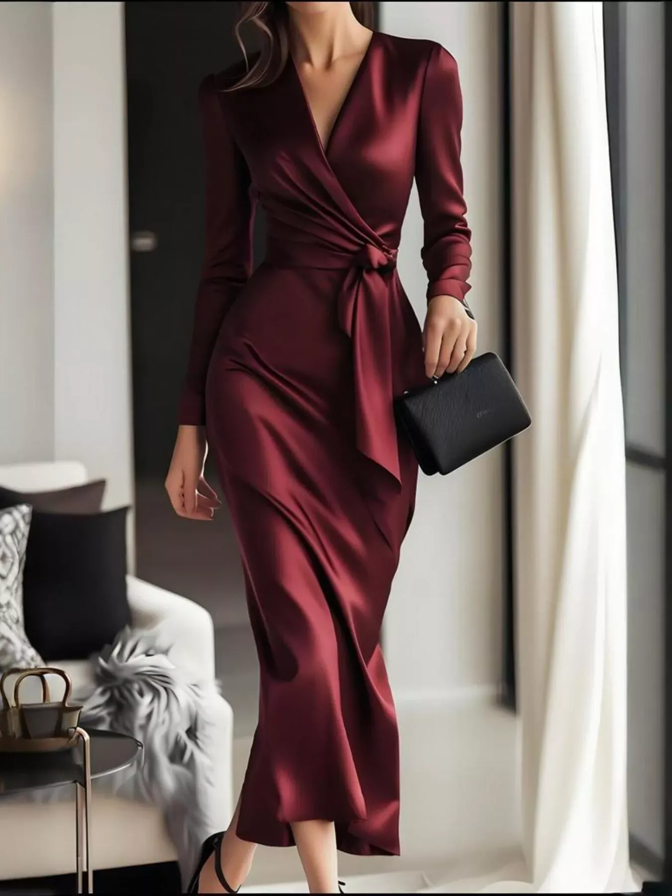 Red Burgundy Surplice Satin Long Sleeve Midi Dress