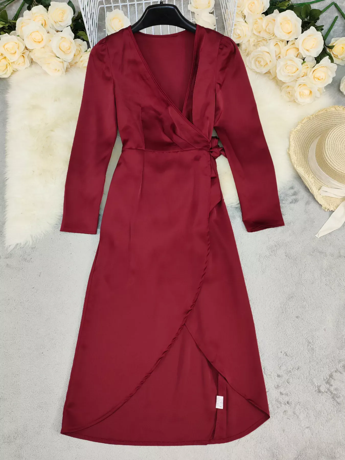 Red Burgundy Surplice Satin Long Sleeve Midi Dress - Image 5