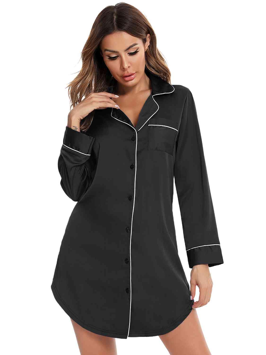 Button Up Lapel Collar Night Dress with Pocket - Image 3