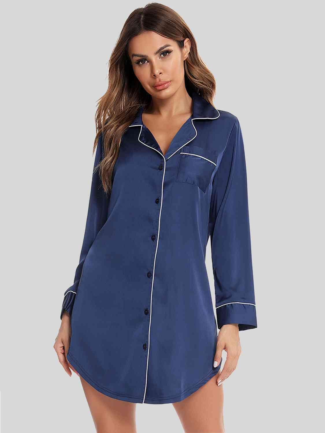 Button Up Lapel Collar Night Dress with Pocket - Image 4