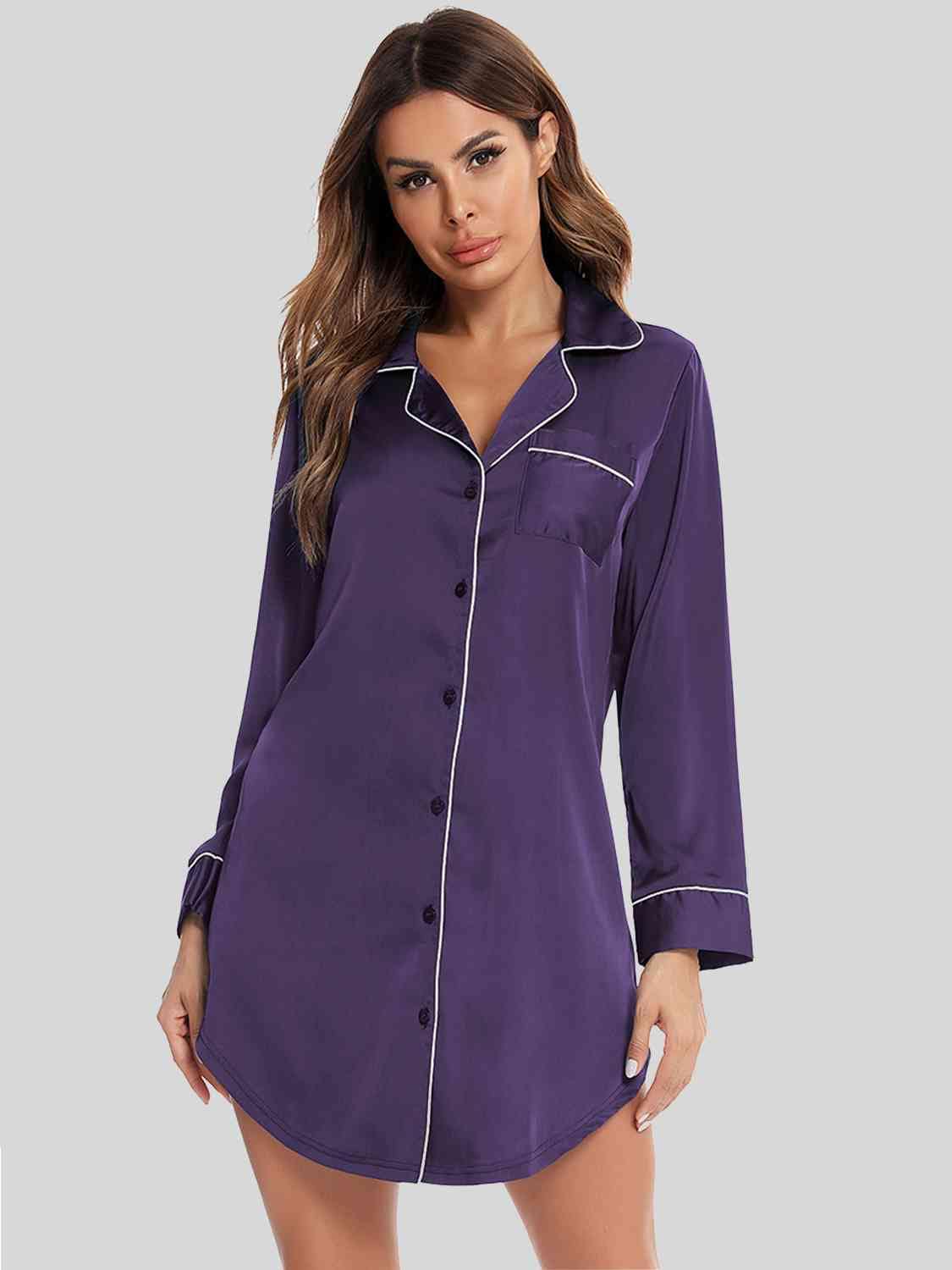 Button Up Lapel Collar Night Dress with Pocket - Image 7