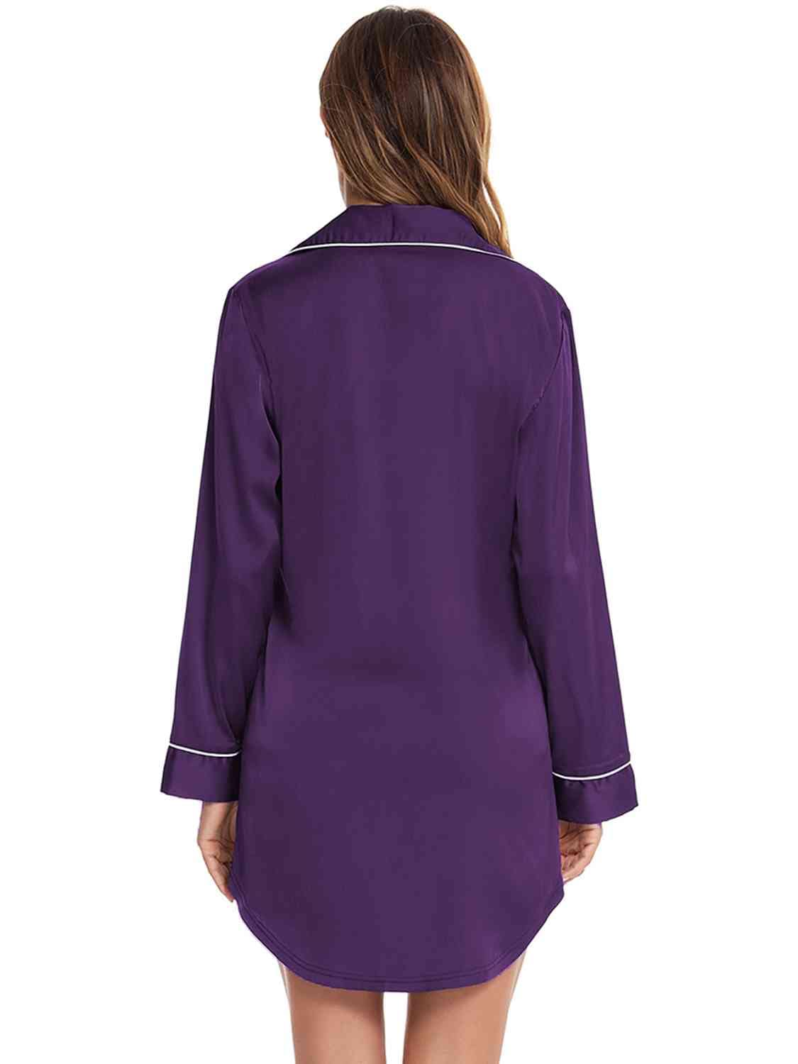 Button Up Lapel Collar Night Dress with Pocket - Image 9