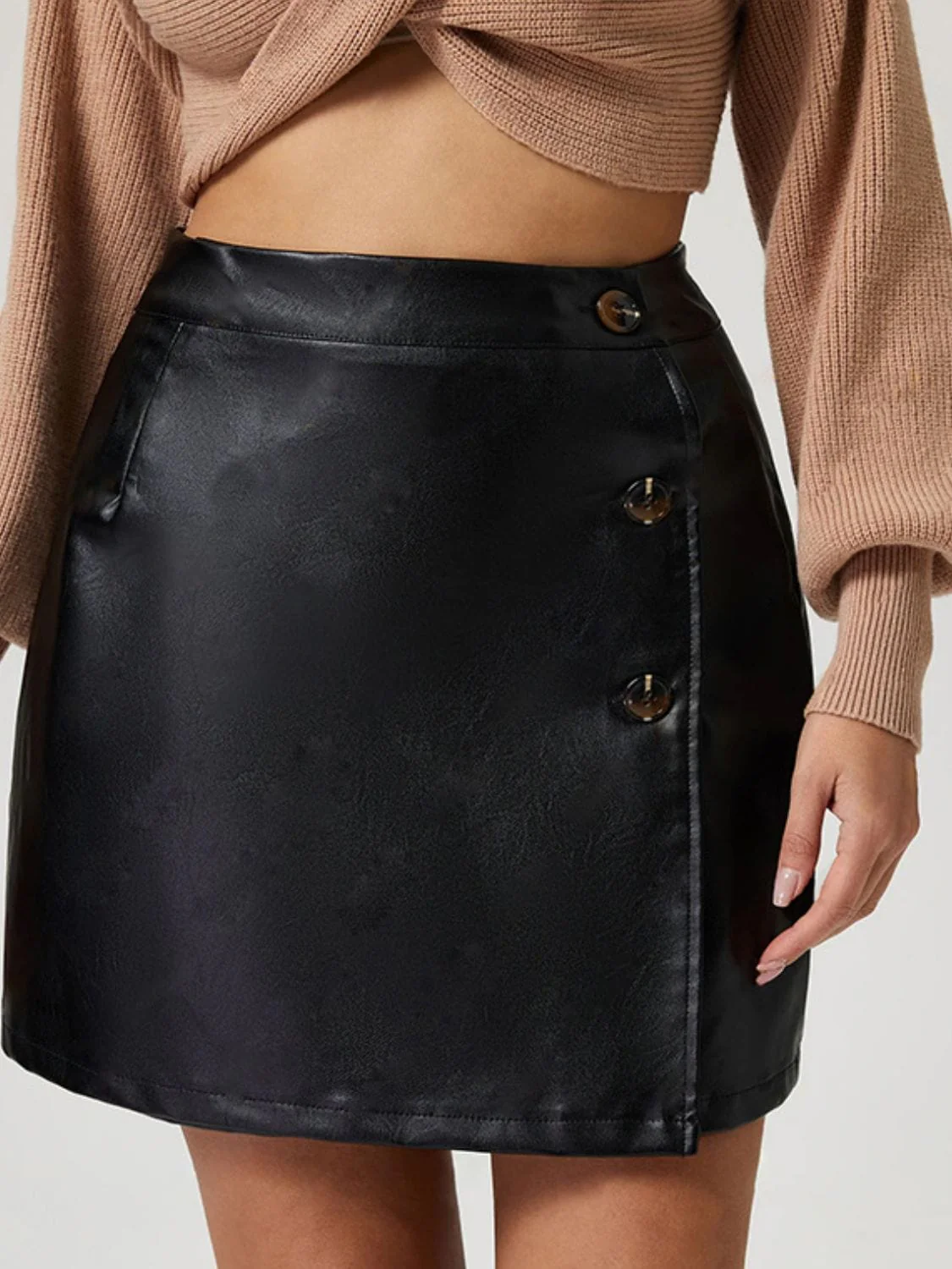 Black Faux Leather Buttoned High Rise Mini Skirt - Image 4