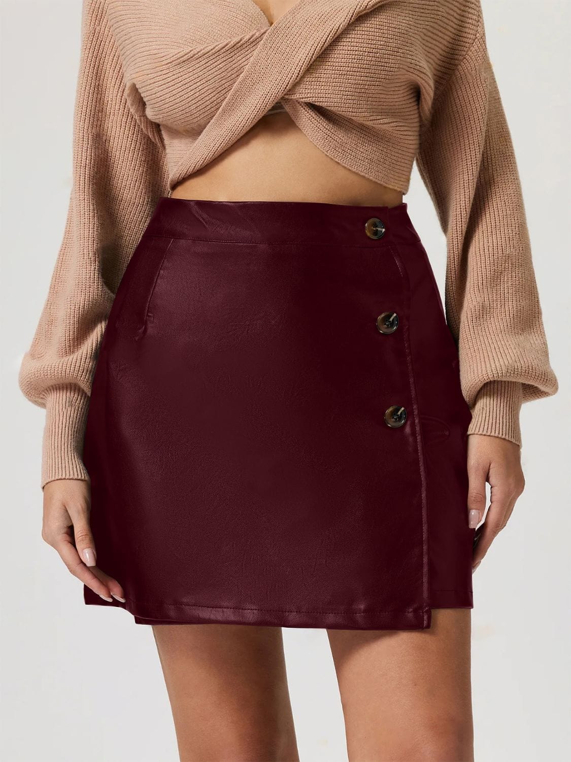 Black Faux Leather Buttoned High Rise Mini Skirt - Image 5