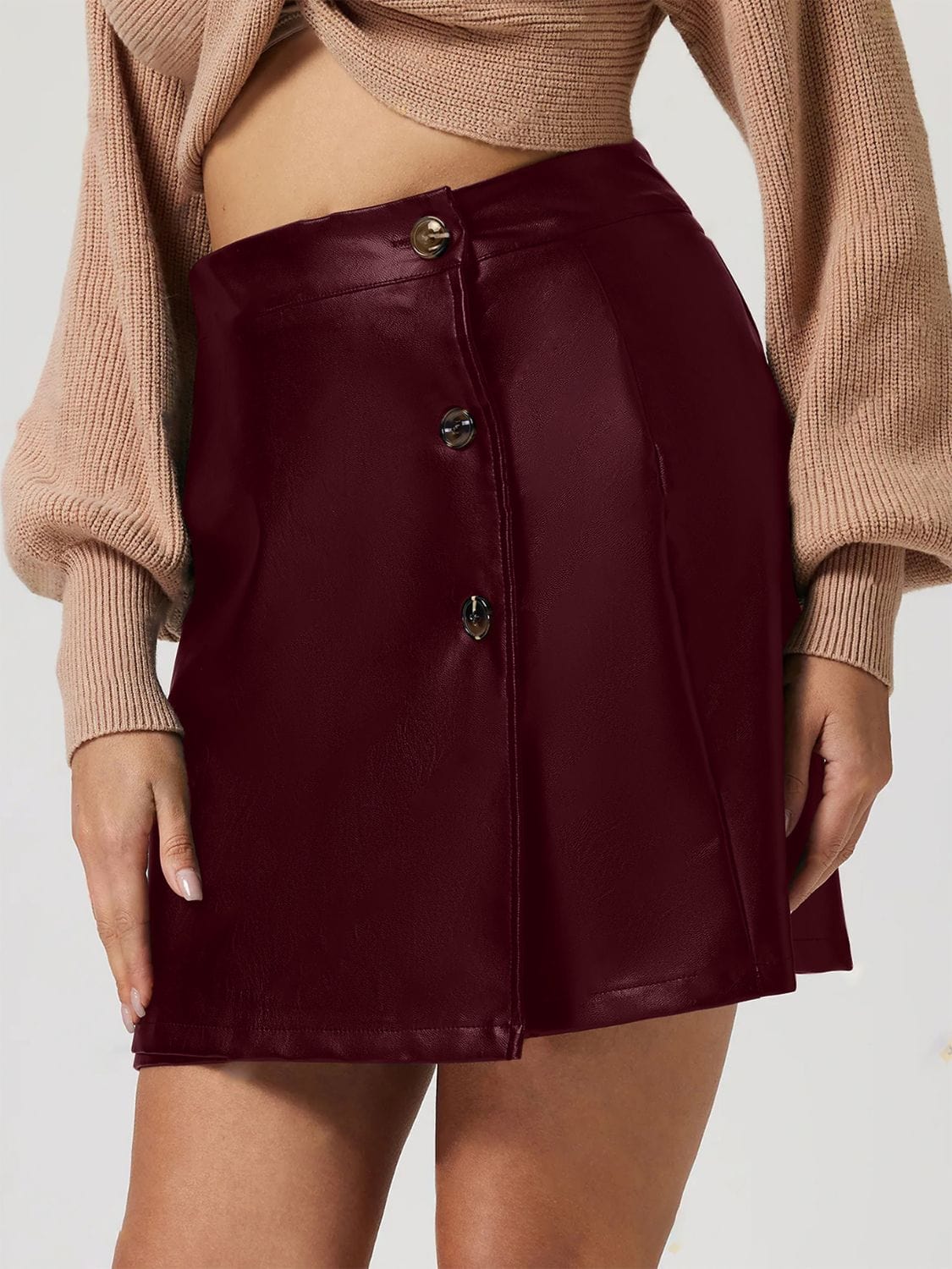 Black Faux Leather Buttoned High Rise Mini Skirt - Image 6