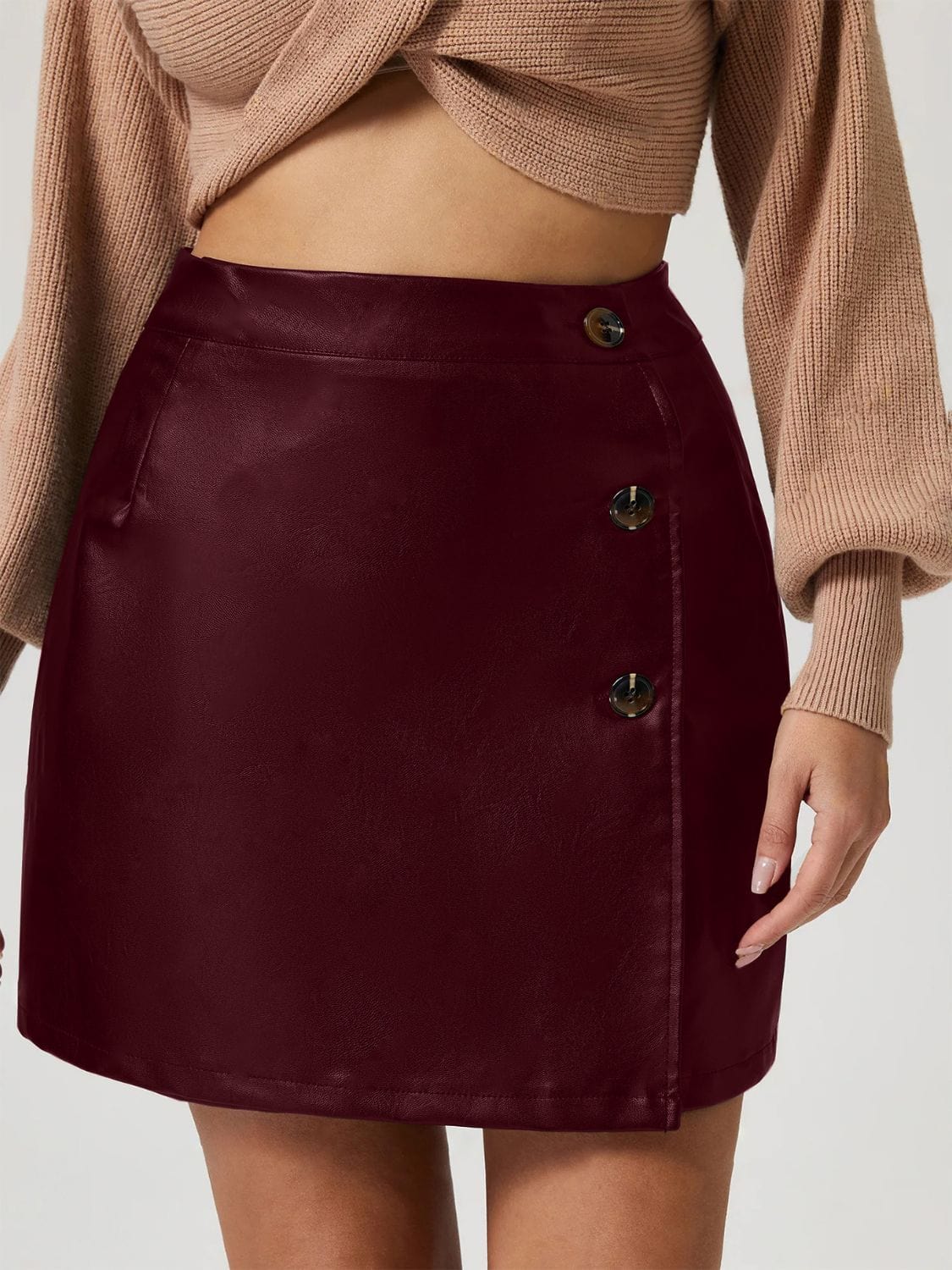 Black Faux Leather Buttoned High Rise Mini Skirt - Image 7