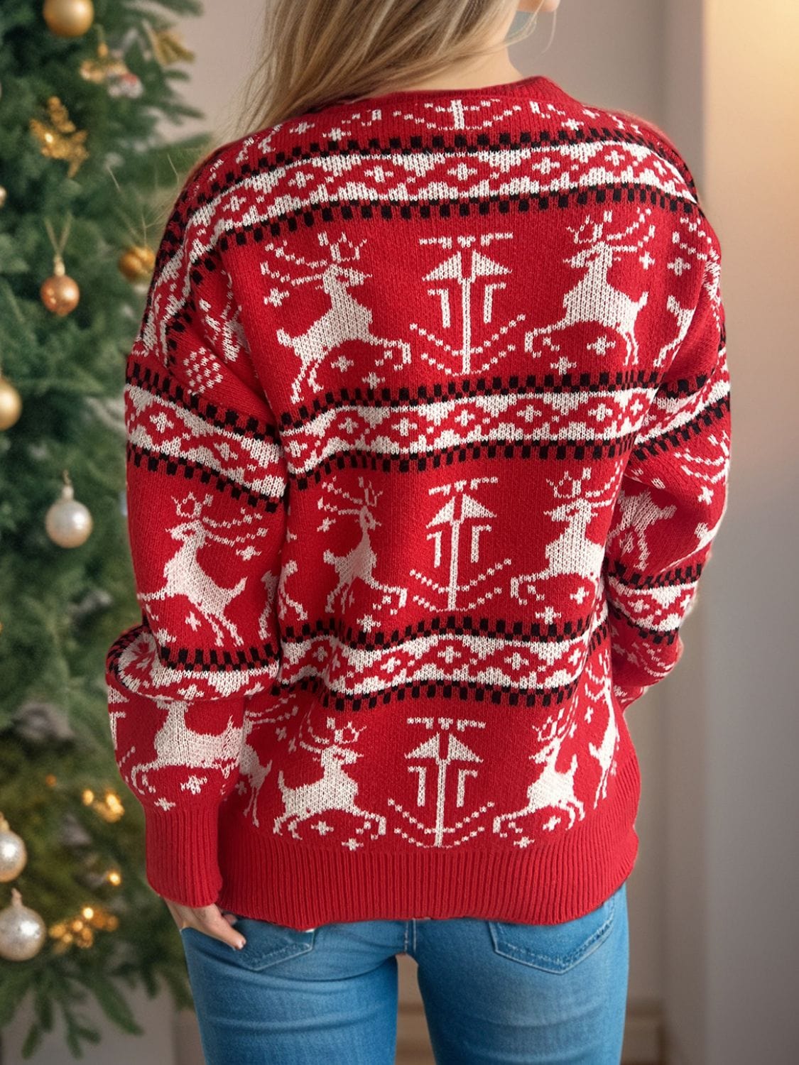 Red Christmas Holiday Reindeer Graphic Round Neck Long Sleeve Women's Sweater - Image 2