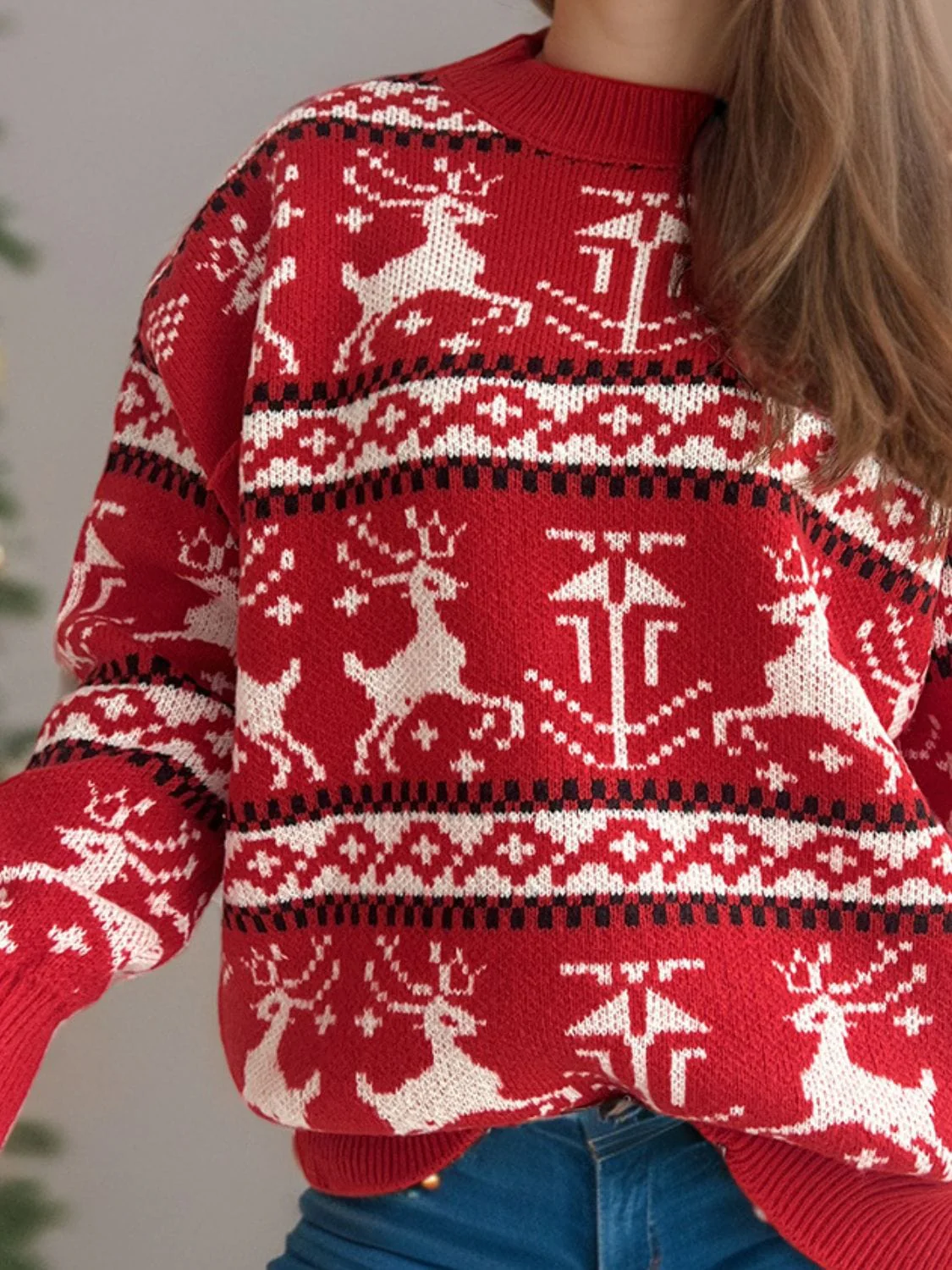 Red Christmas Holiday Reindeer Graphic Round Neck Long Sleeve Women's Sweater - Image 3