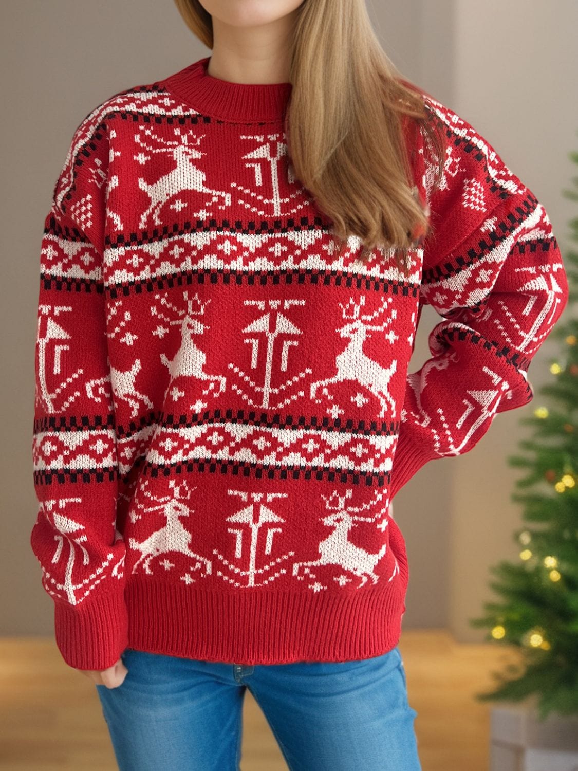 Red Christmas Holiday Reindeer Graphic Round Neck Long Sleeve Women's Sweater - Image 6