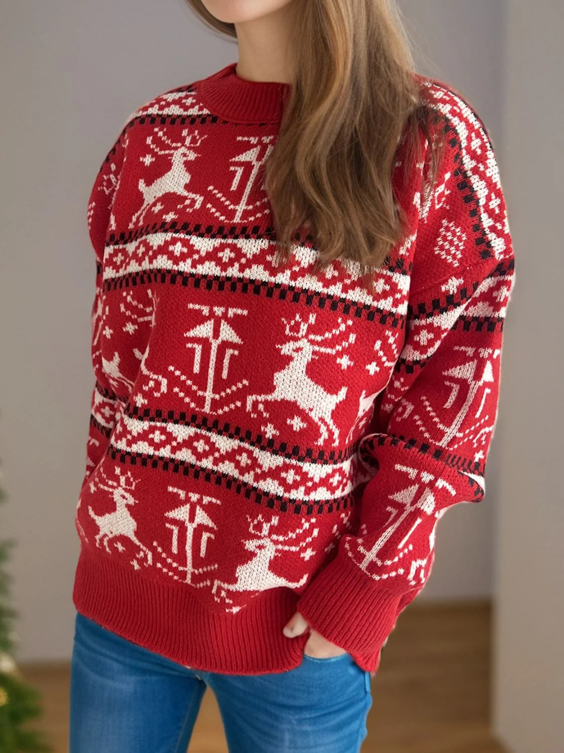 Red Christmas Holiday Reindeer Graphic Round Neck Long Sleeve Women's Sweater - Image 7