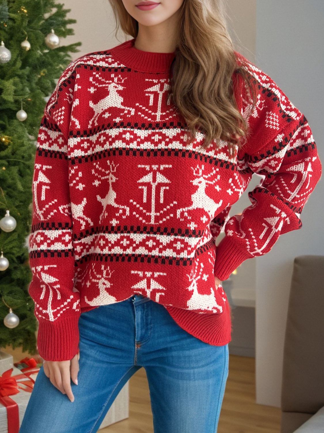 Red Christmas Holiday Reindeer Graphic Round Neck Long Sleeve Women's Sweater - Image 8