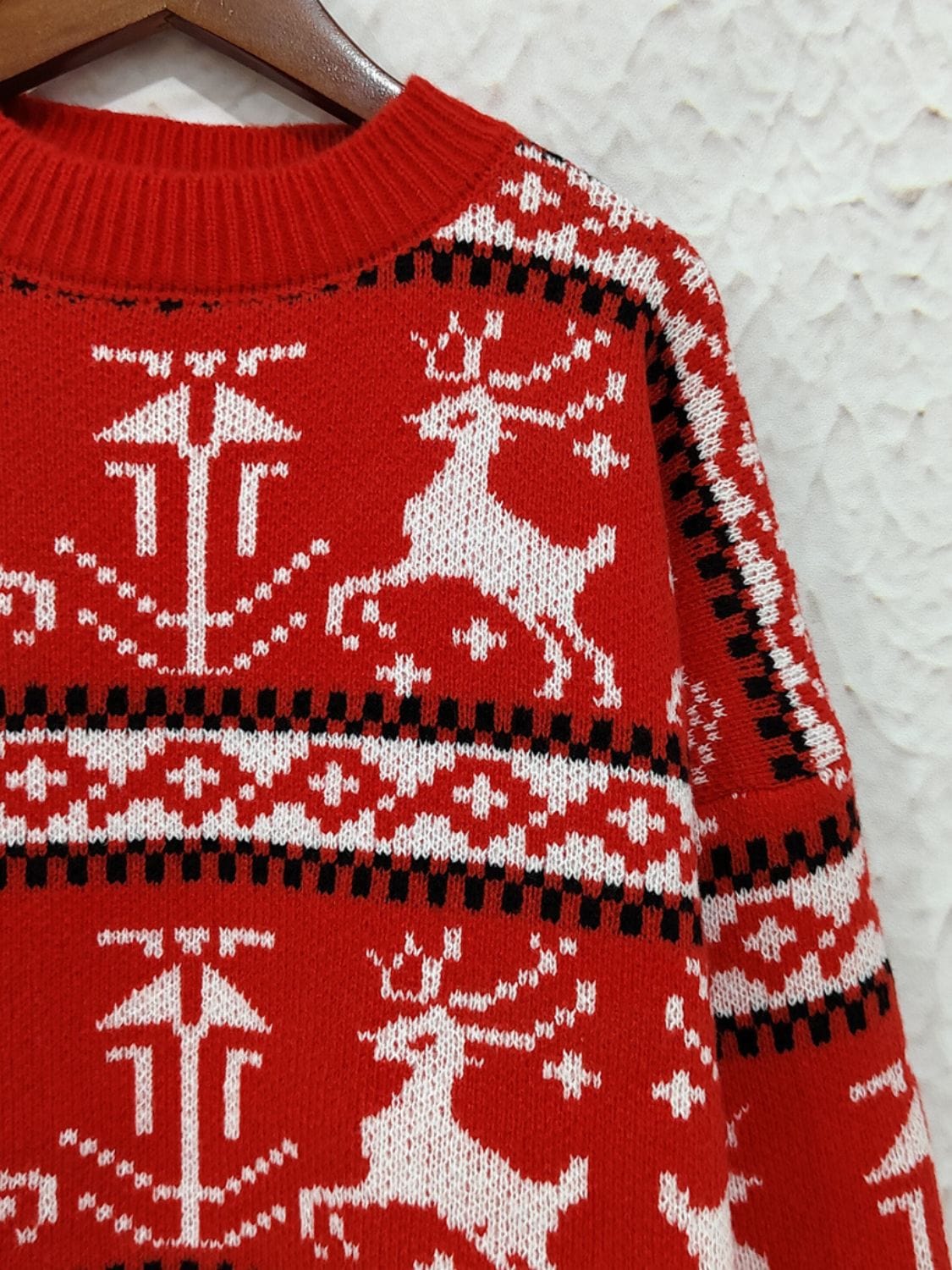 Red Christmas Holiday Reindeer Graphic Round Neck Long Sleeve Women's Sweater - Image 9