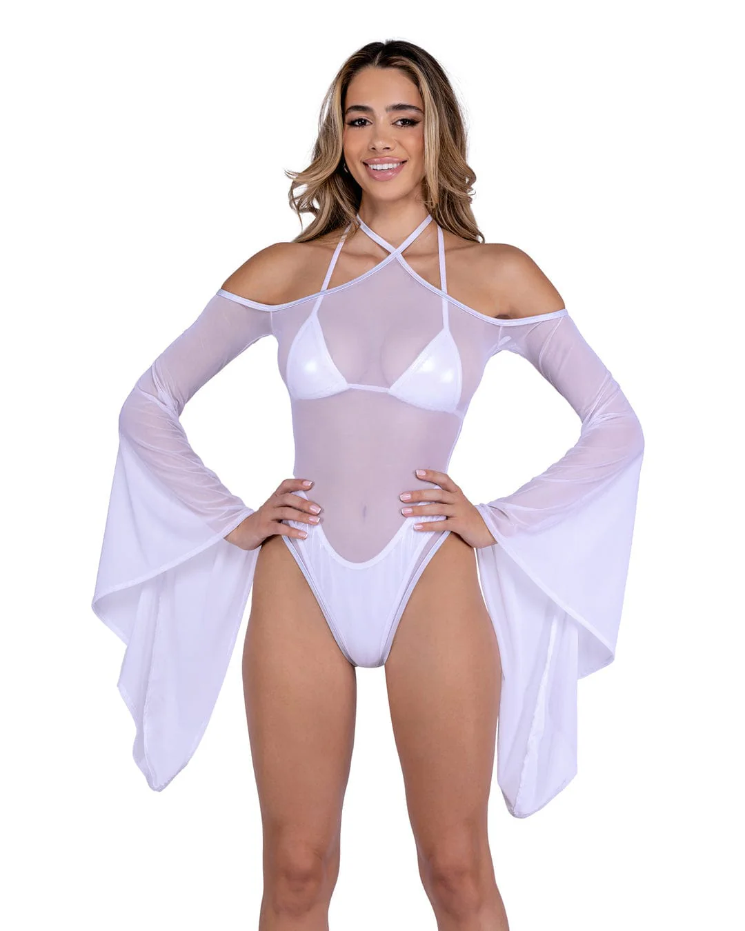 Sexy White Sheer Mesh Romper w/ Bell Sleeves