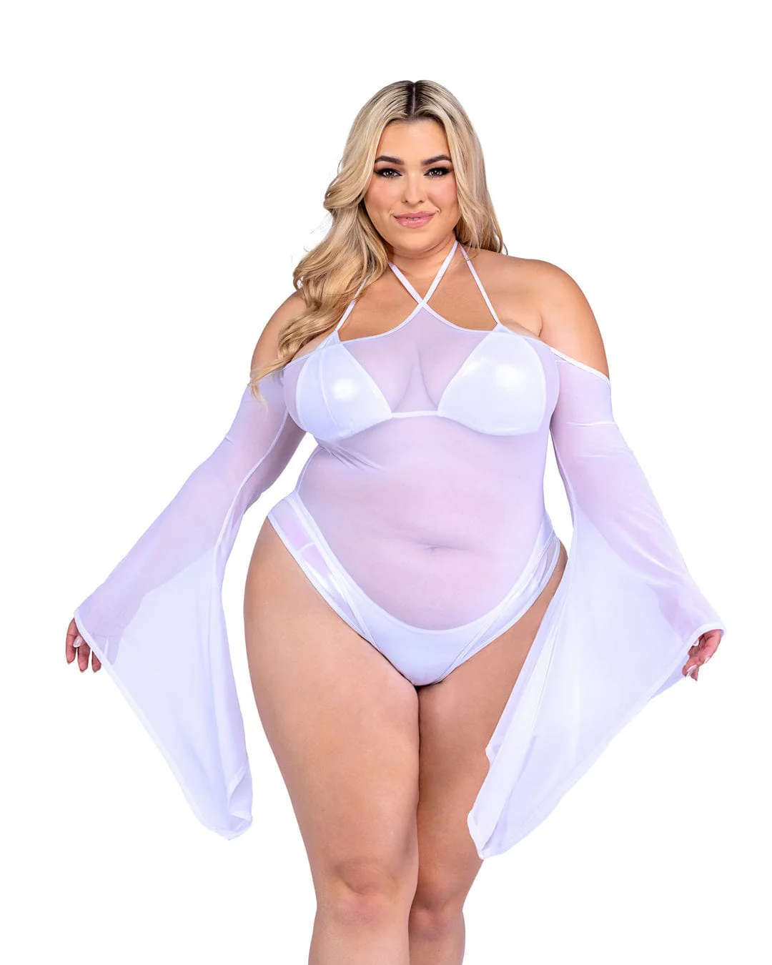 Sexy White Sheer Mesh Romper w/ Bell Sleeves - Image 3