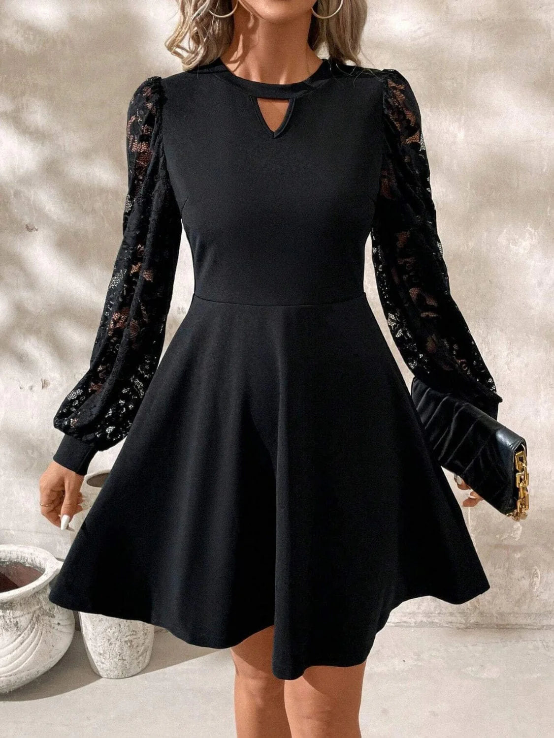 Black Cutout Lace Long Sleeve Mini Dress - Image 2