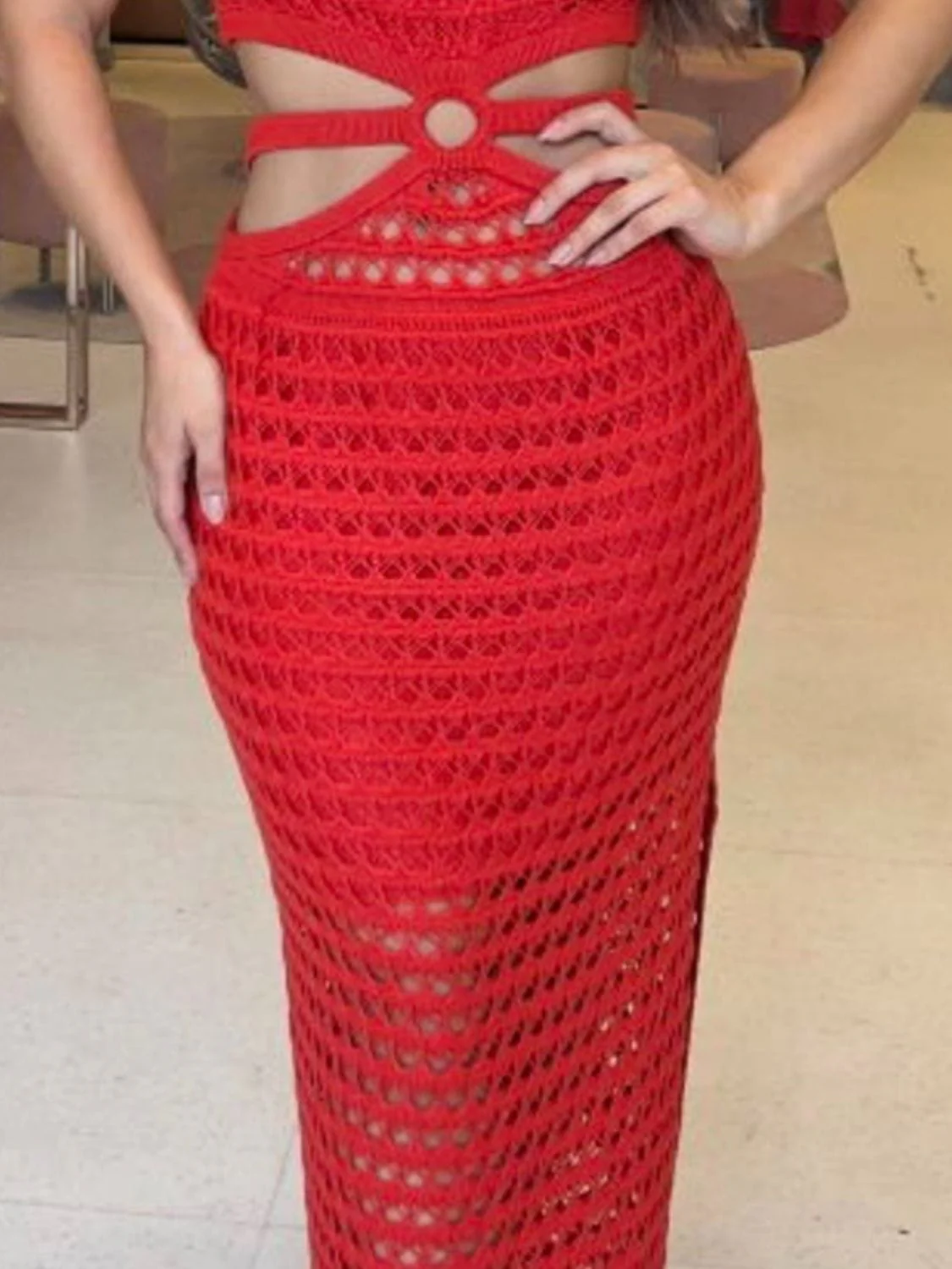 Nude Beige Cutout Slit Round Neck Sweater Long Maxi Dress - Image 15