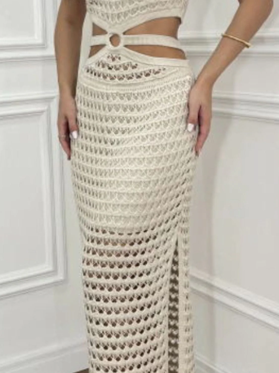 Nude Beige Cutout Slit Round Neck Sweater Long Maxi Dress - Image 3