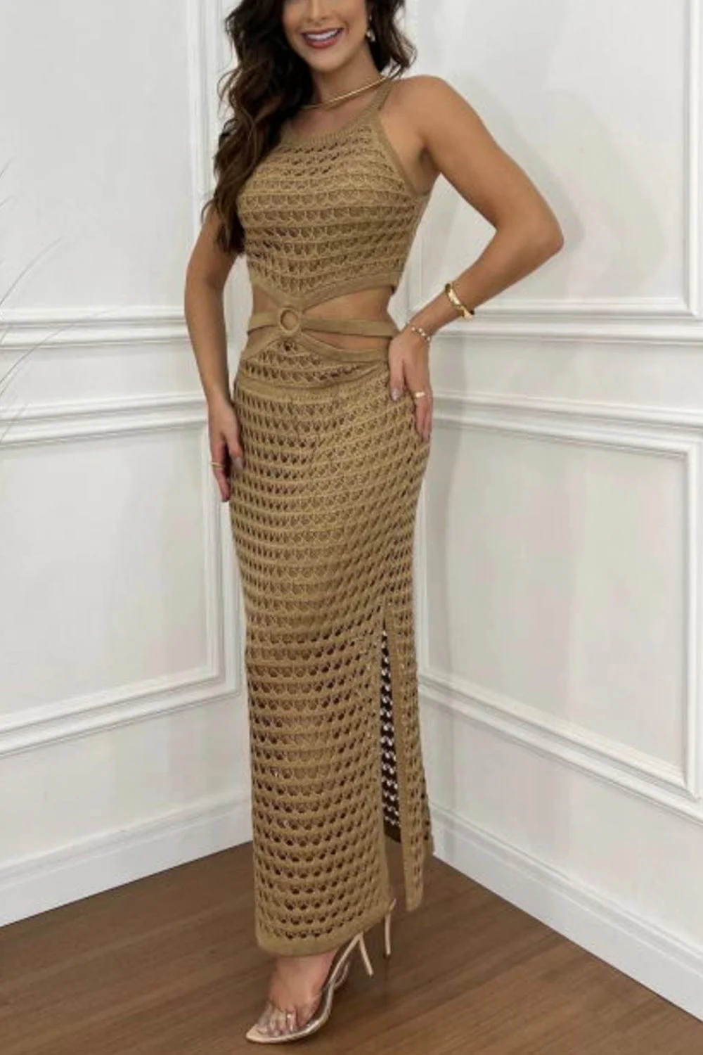 Nude Beige Cutout Slit Round Neck Sweater Long Maxi Dress - Image 4