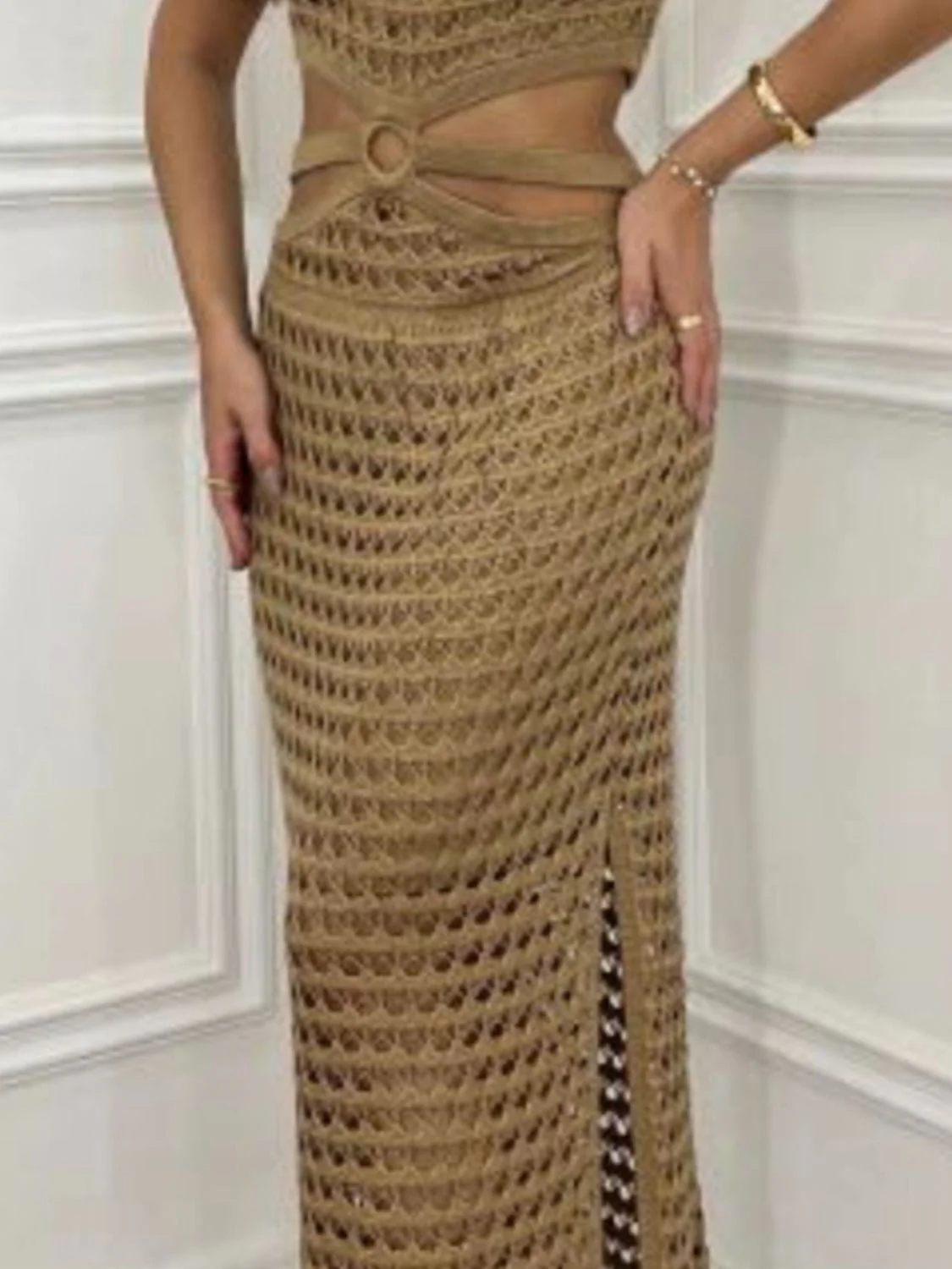 Nude Beige Cutout Slit Round Neck Sweater Long Maxi Dress - Image 6