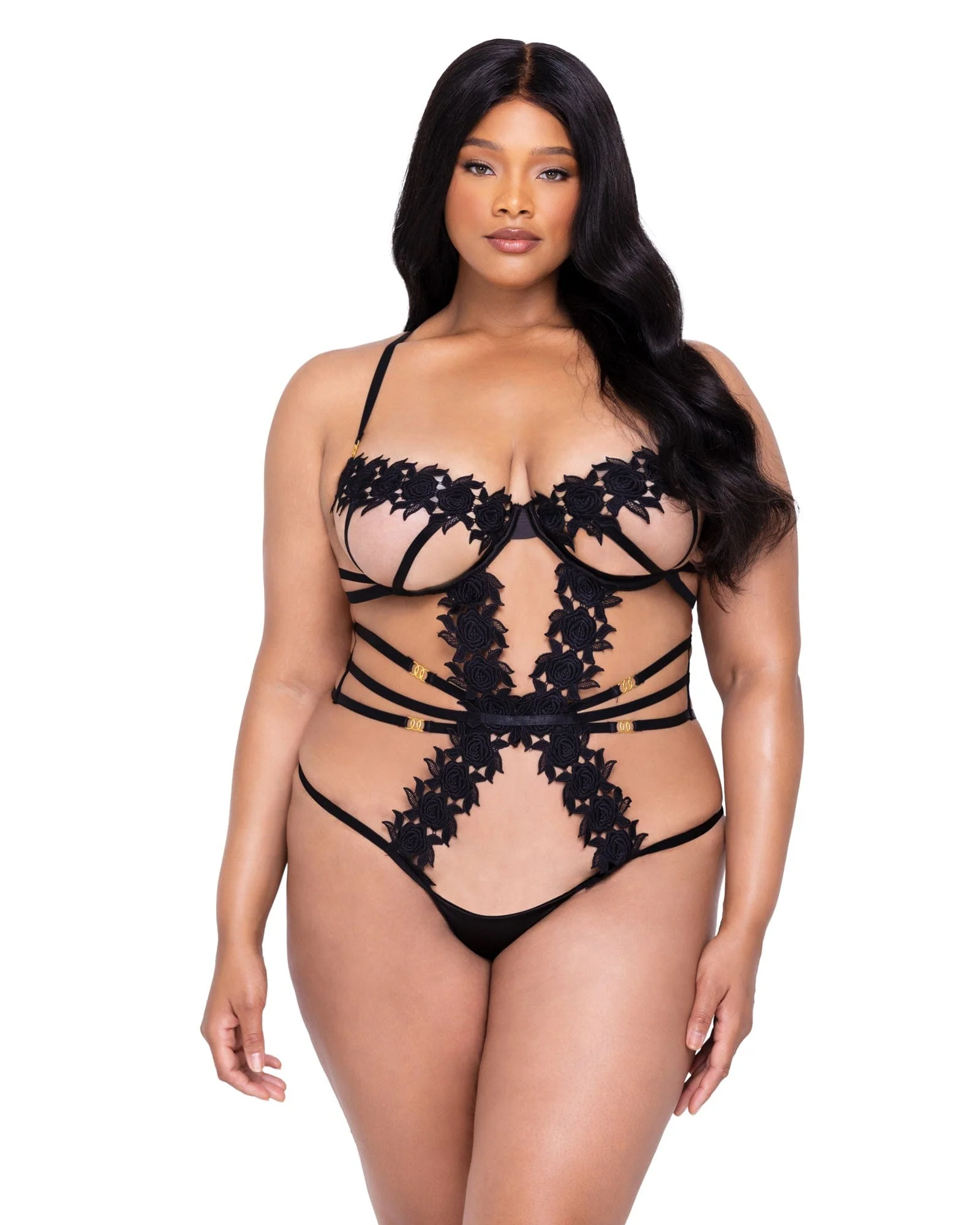 Floral Guipure Lace Trim Ebony Rose Teddy Lingerie - Image 4