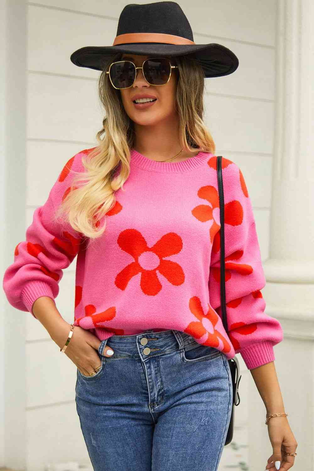 Floral Print Round Neck Dropped Shoulder Pullover Sweater - Image 11