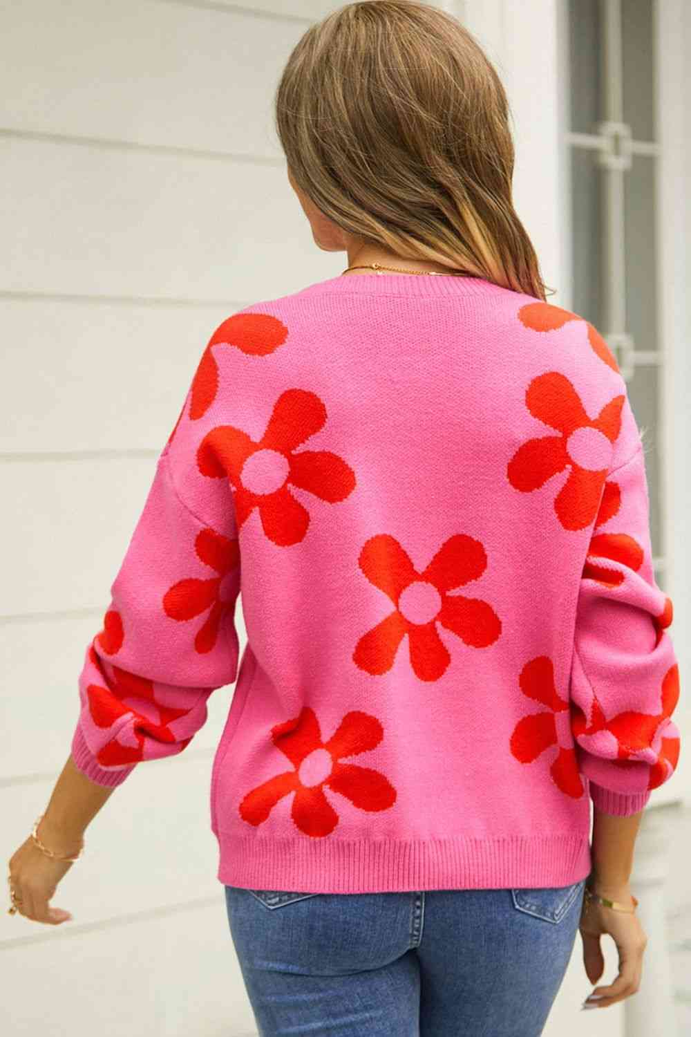 Floral Print Round Neck Dropped Shoulder Pullover Sweater - Image 12