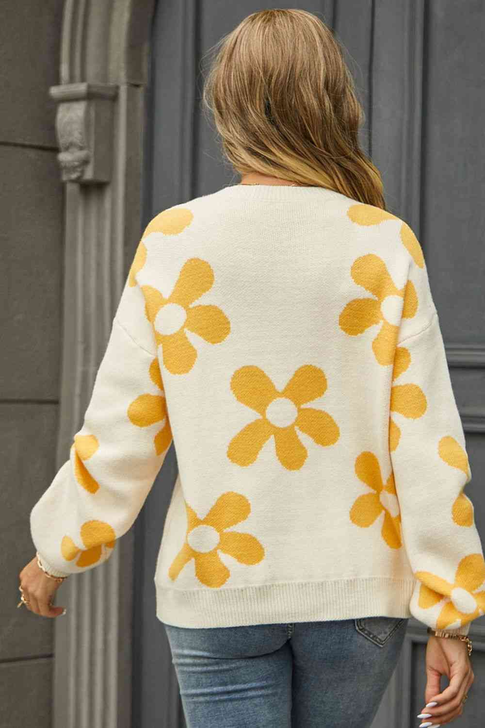 Floral Print Round Neck Dropped Shoulder Pullover Sweater - Image 14