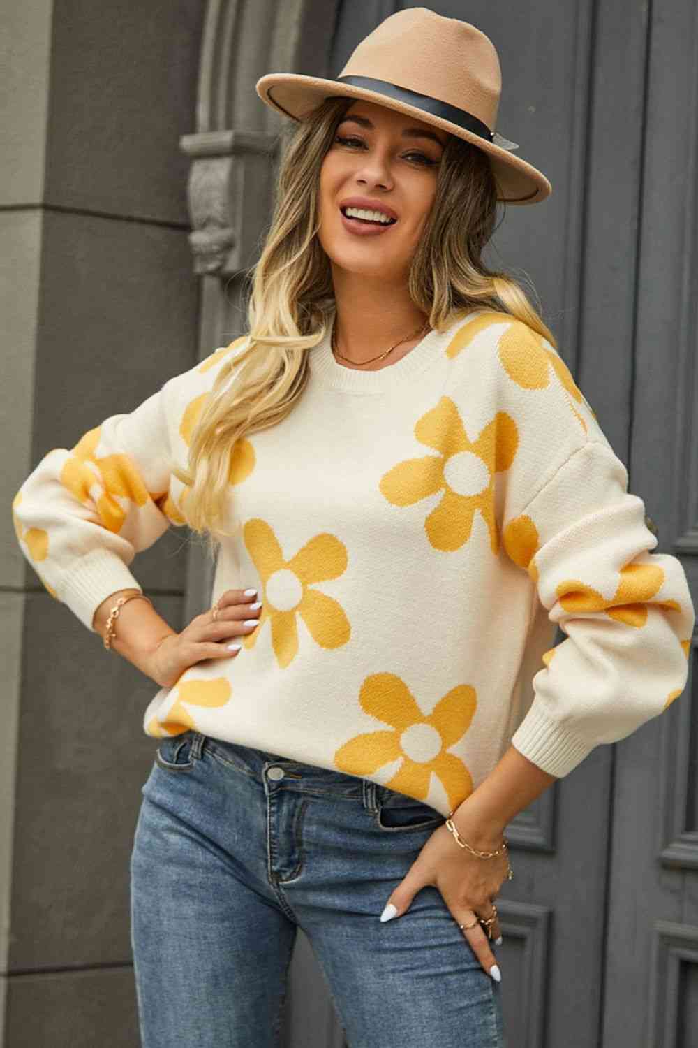 Floral Print Round Neck Dropped Shoulder Pullover Sweater - Image 15