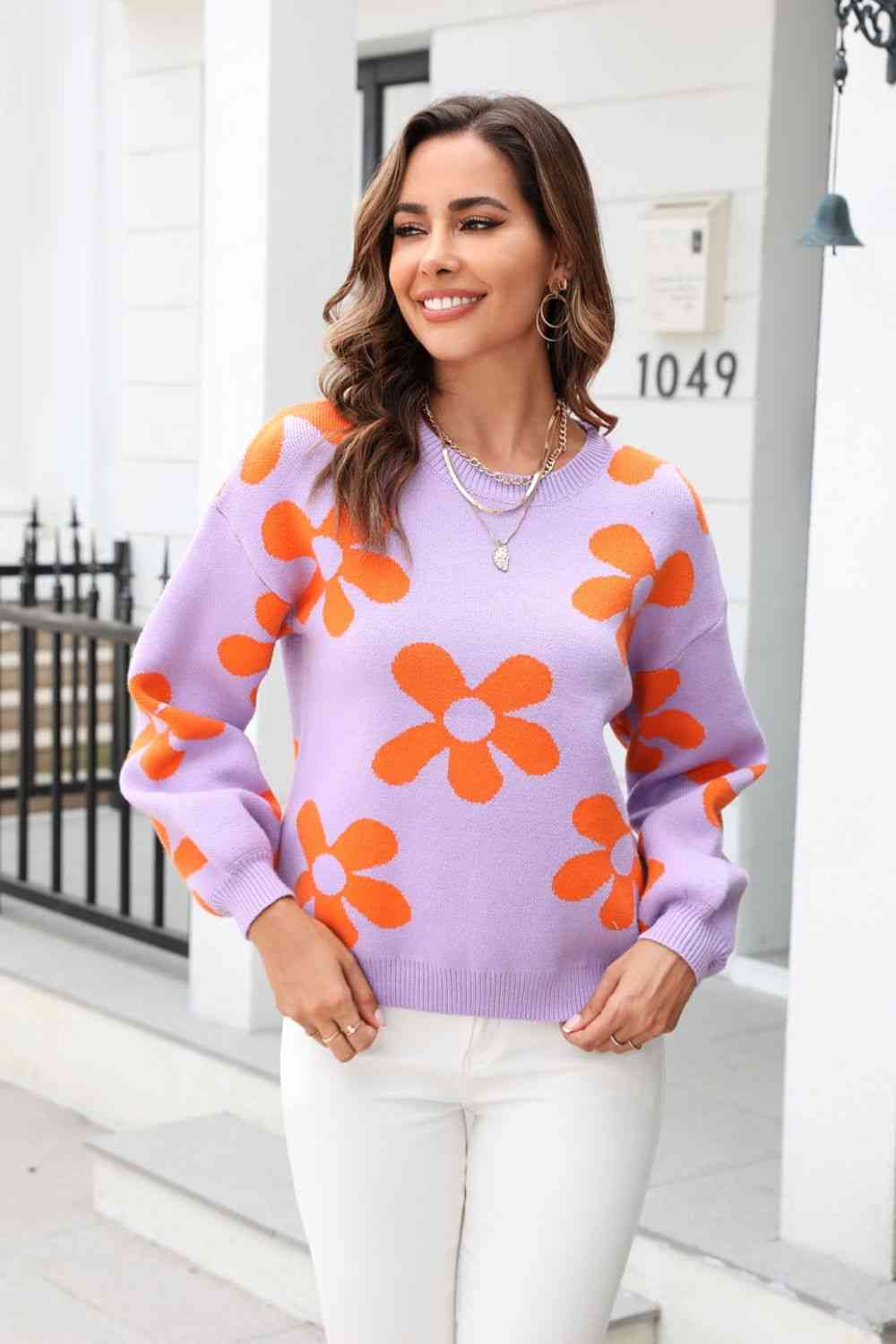 Floral Print Round Neck Dropped Shoulder Pullover Sweater - Image 3