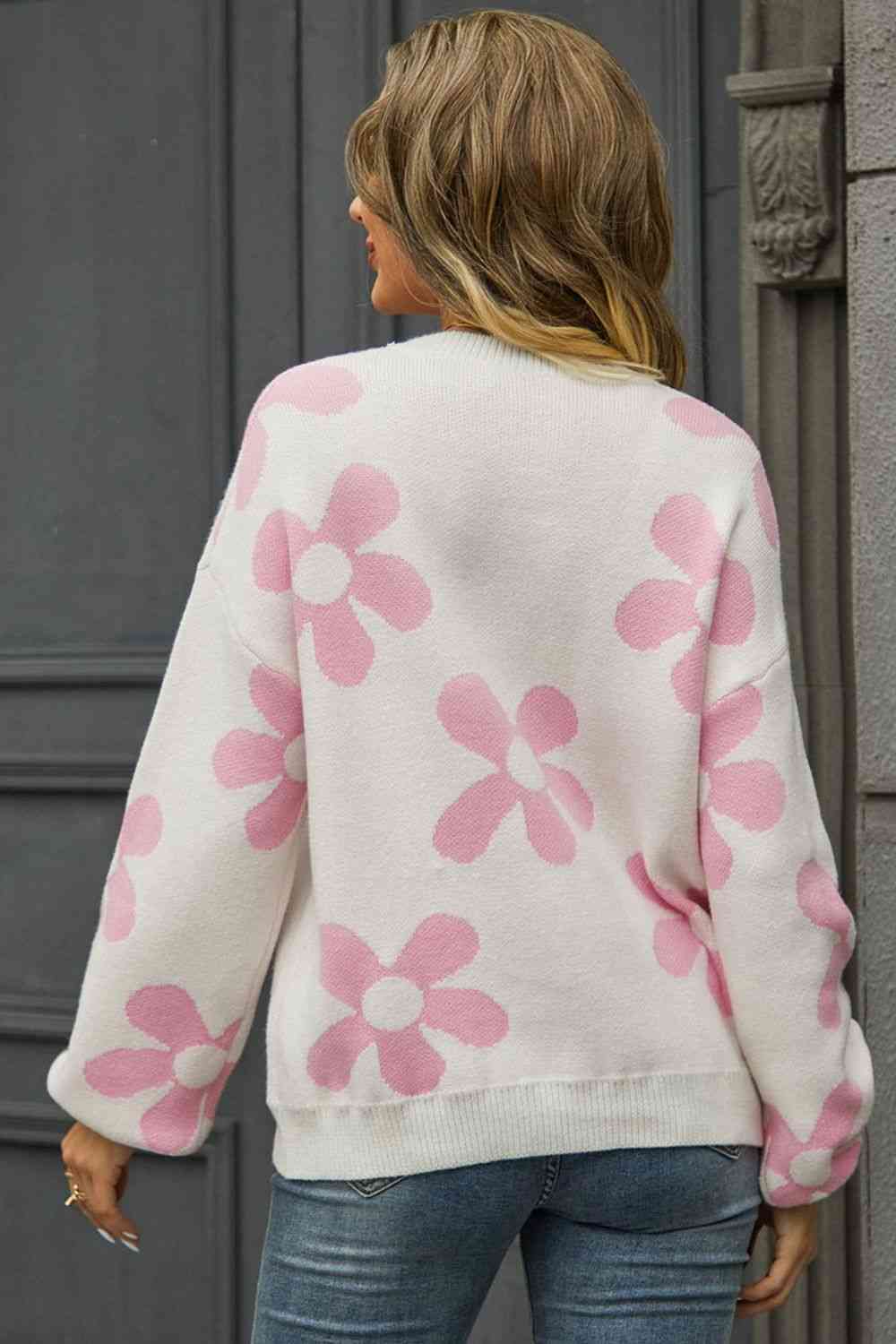 Floral Print Round Neck Dropped Shoulder Pullover Sweater - Image 6