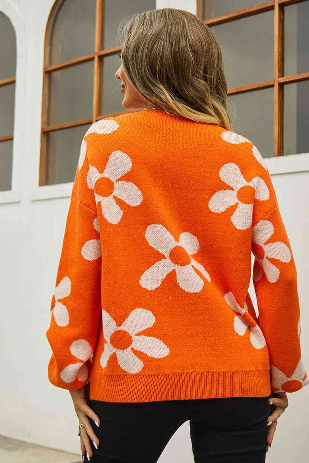 Floral Print Round Neck Dropped Shoulder Pullover Sweater - Image 9