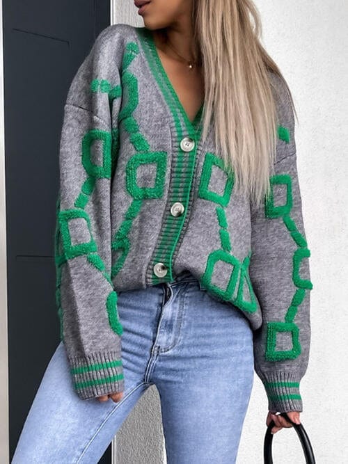 Geometric Dropped Shoulder Button Down Cardigan - Image 10