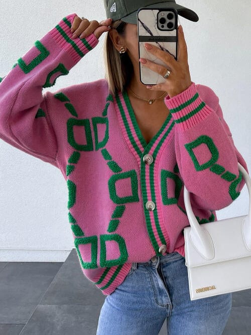 Geometric Dropped Shoulder Button Down Cardigan - Image 2