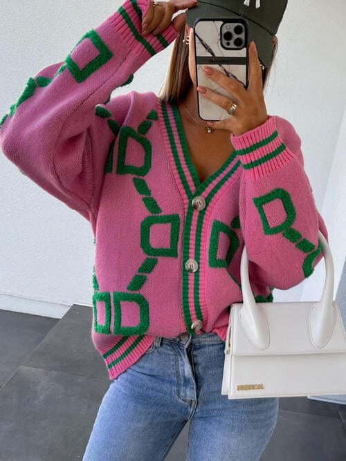 Geometric Dropped Shoulder Button Down Cardigan - Image 4