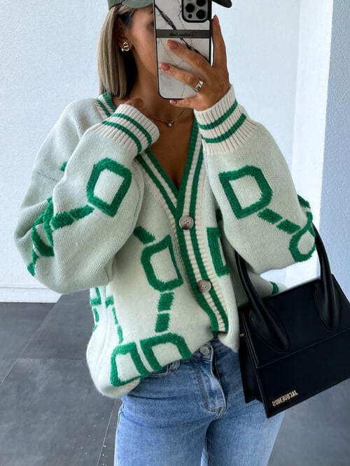 Geometric Dropped Shoulder Button Down Cardigan - Image 5