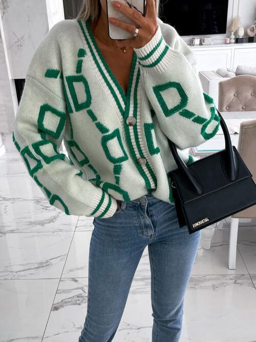 Geometric Dropped Shoulder Button Down Cardigan - Image 7