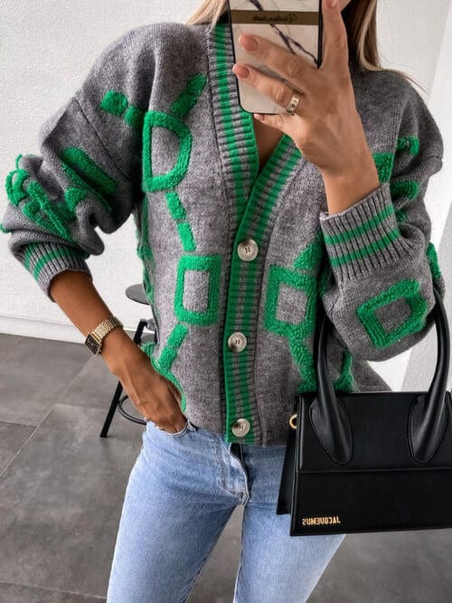 Geometric Dropped Shoulder Button Down Cardigan - Image 8