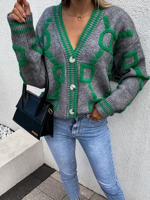 Geometric Dropped Shoulder Button Down Cardigan - Image 9