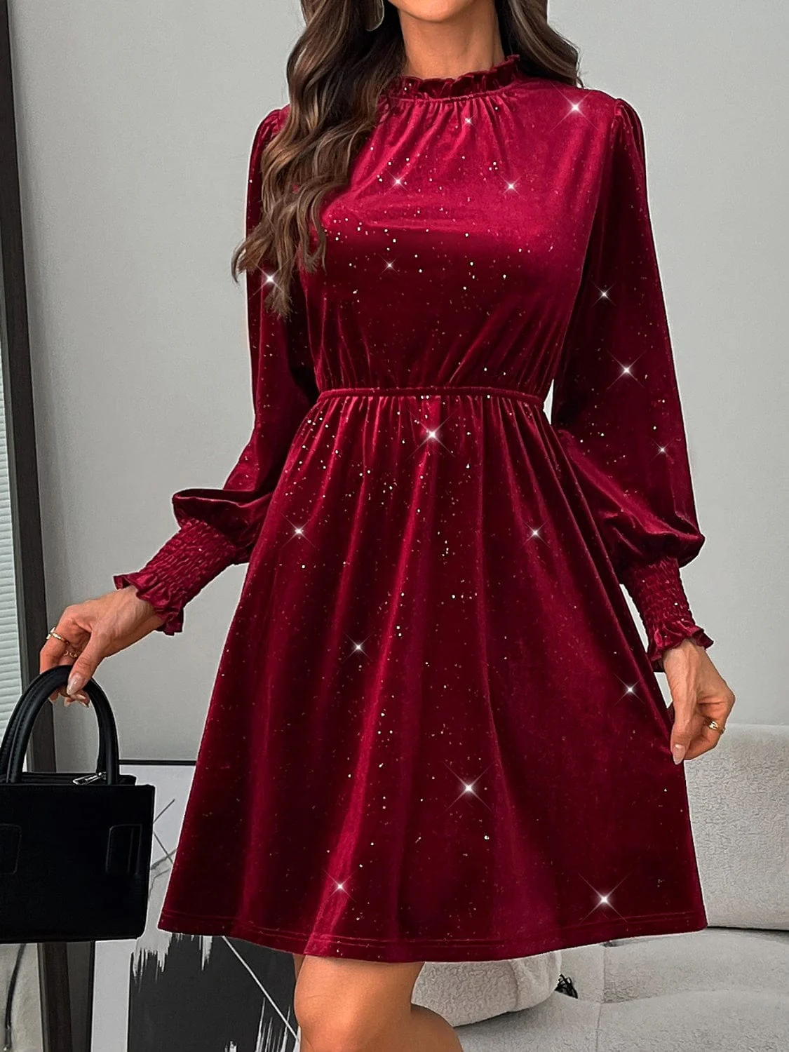 Burgundy Glitter Mock Neck Long Puff Sleeve Mini Dress